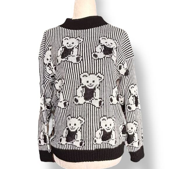 Vintage Adele Knitwear Black White Teddy Bear Sweater Pullover 90s Made in USA - Picture 10 of 10